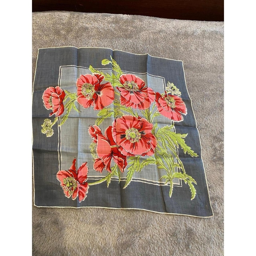 Vintage Herman Irish Linen Handkerchief Hand Rolled Hem Floral NOS 14.5" Scarf